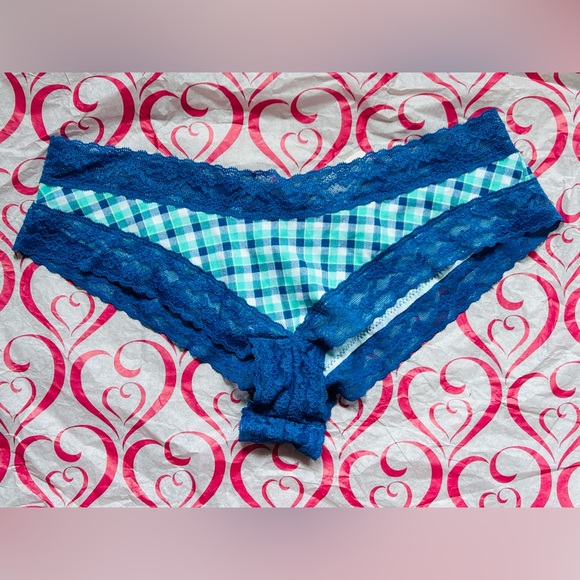 ‼️SOLD‼️NWT VS PINK Cotton & Lace plaid print cheeky panties underwear Blue - Picture 2 of 4